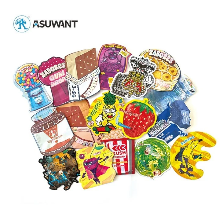 3.5g 7g 14g 28g Custom Printed Hologram Smell Proof Ziplock Special Shape Die Cut Mylar Bags For Candy Gummy