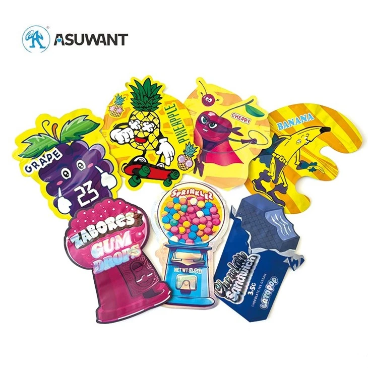 3.5g 7g 14g 28g Custom Printed Hologram Smell Proof Ziplock Special Shape Die Cut Mylar Bags For Candy Gummy
